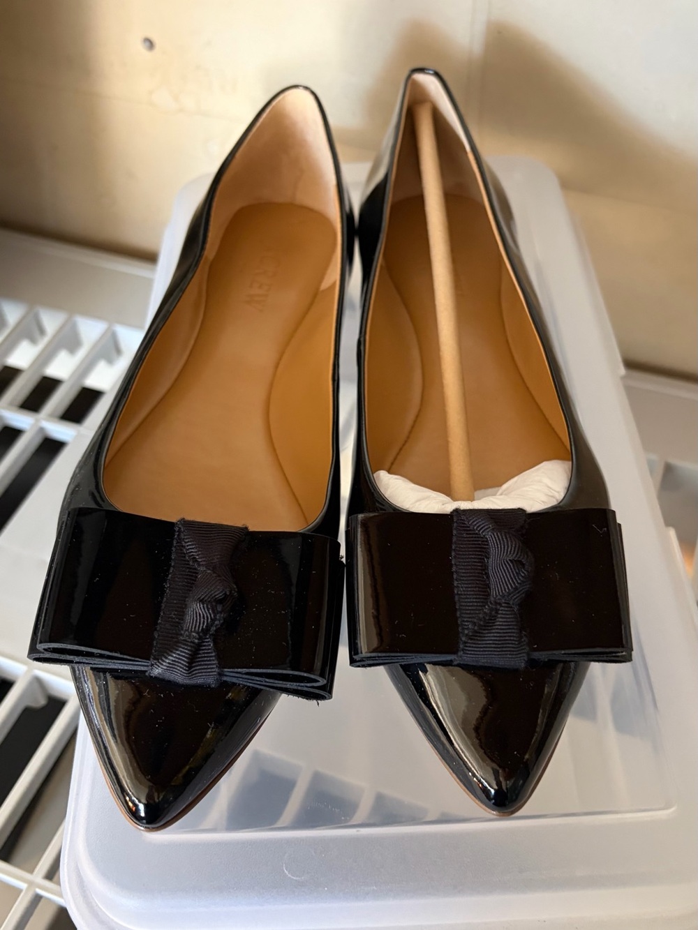 J. Crew Black Patent Pointed-Toe Flats with Ribbon Bow
